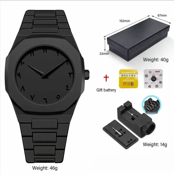 Aura Black Arabic Watch – Sleek, Waterproof, Modernist Design